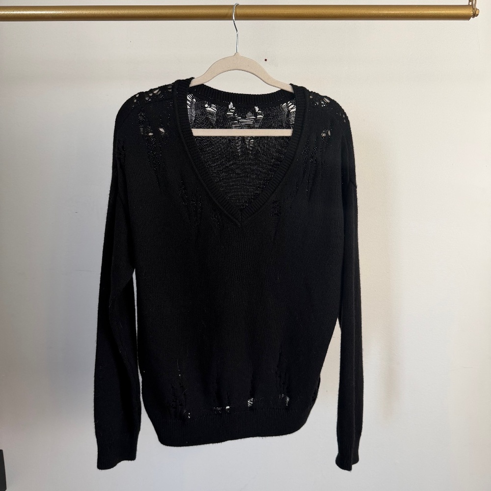 black distressed v neck sweater